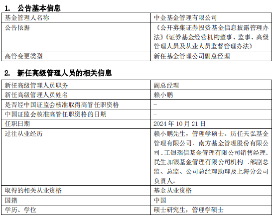 中金基金新任赖小鹏为副总经理 曾任民生加银基金总经理助理-第1张图片-通任唐游戏