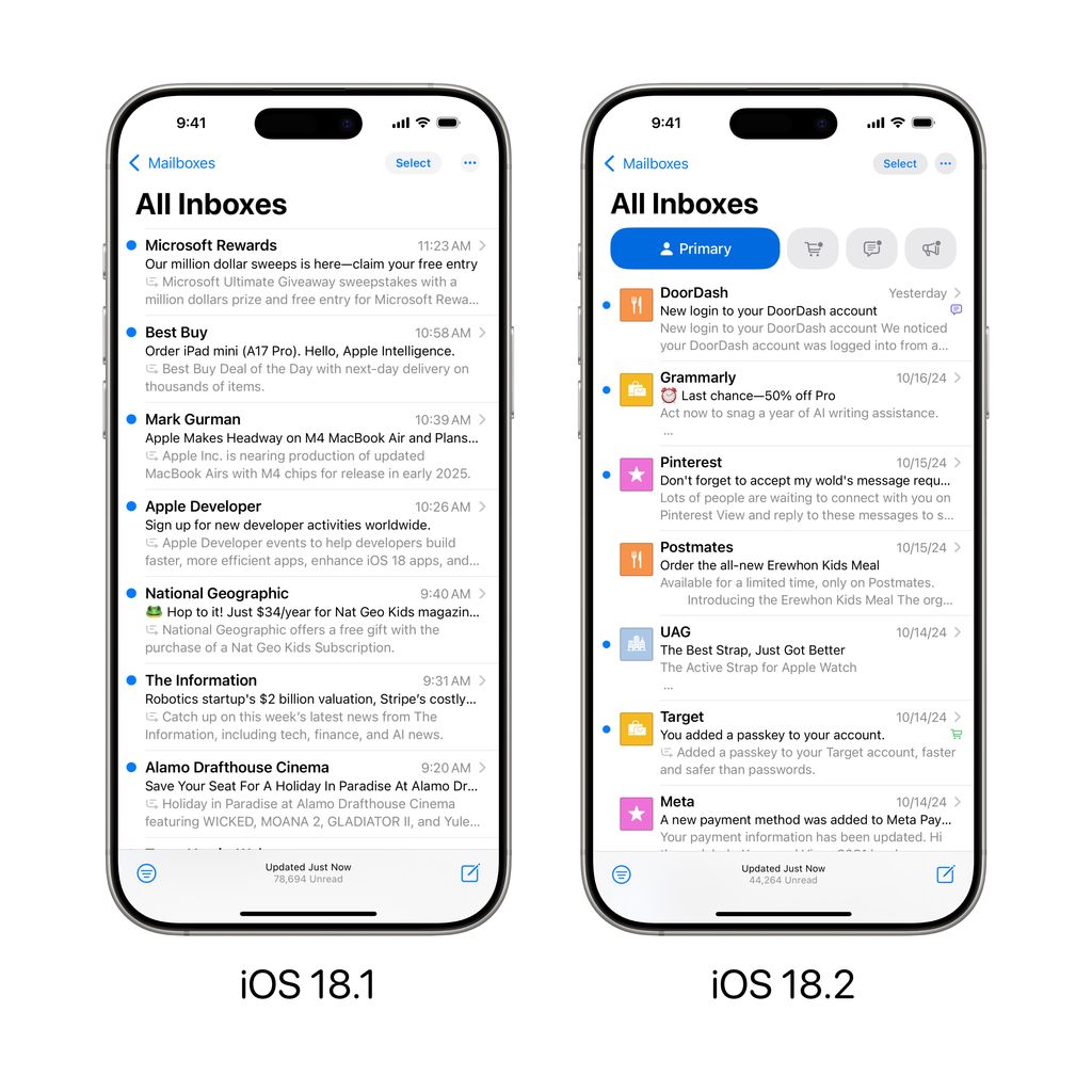 安排得明明白白：苹果 iOS 18.2 邮件应用引入 AI 智能分类功能-第5张图片-通任唐游戏